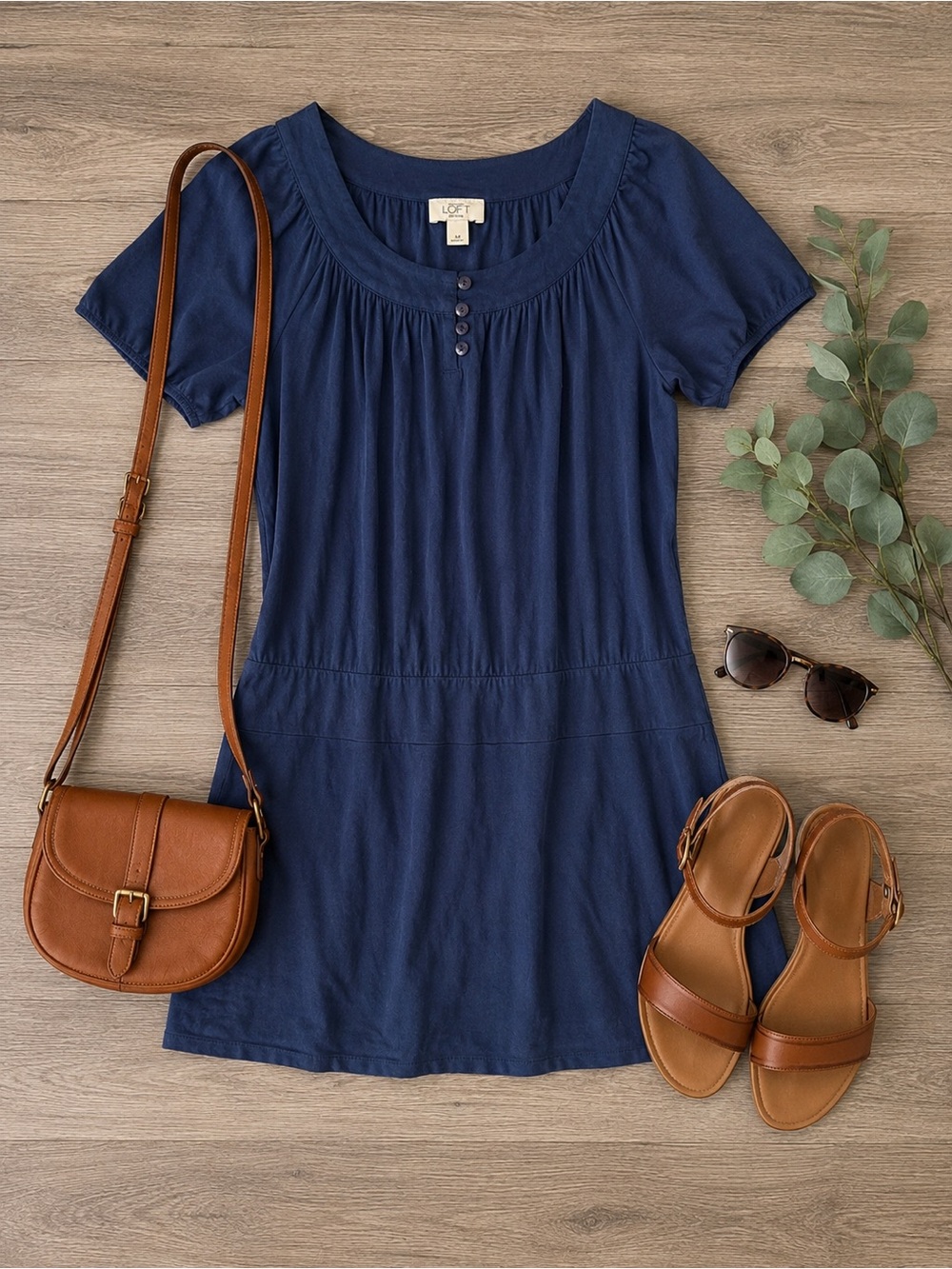 LOFT Navy blue Button Front Scoop Neck Dress cotton blend medium petite